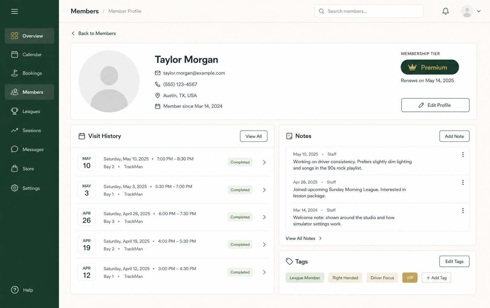 Member profile page for a golf studio showing membership tier, renewal date, visit history by bay, staff notes, and member tags.